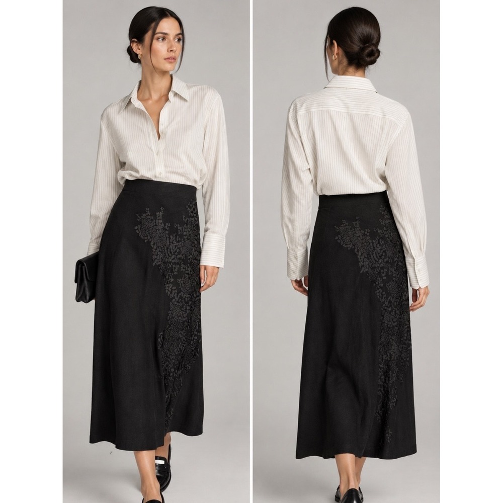Zara Black Cotton Linen Blend Embroidered Midi Skirt 2731/272 Small NWT
